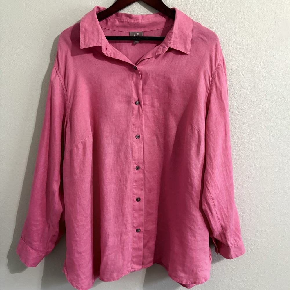 J Jill Love Linen Shirt Womens 2X Watermelon Pink Button Front Tunic Top Coastal - Picture 2 of 14